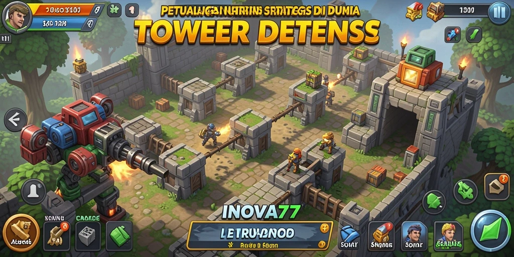 Screenshot gameplay INOVA77 menampilkan menara bertahan menghadapi gelombang musuh.