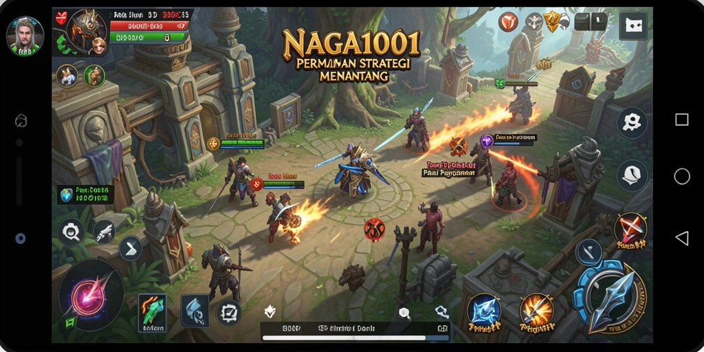 Screenshot gameplay NAGA1001 yang menunjukkan strategi pertempuran di arena.