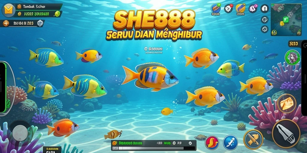 Screenshot gameplay SHE888 menampilkan aksi seru menembak ikan.