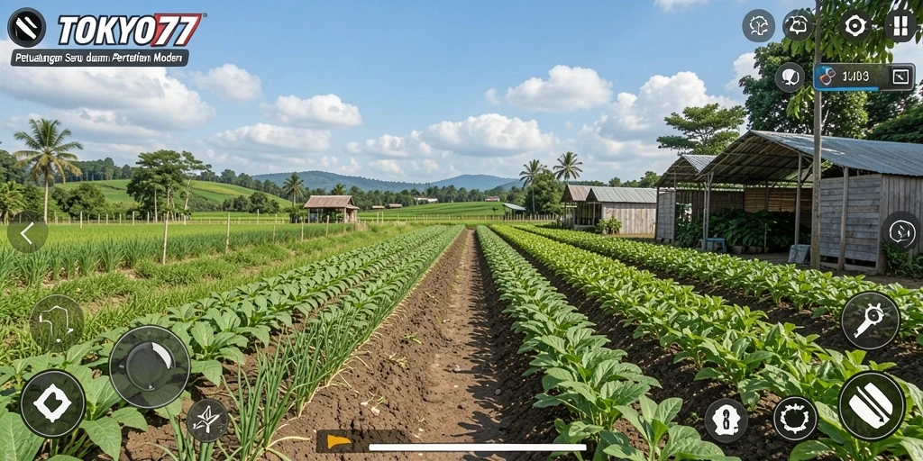 Gambar menunjukkan berbagai tanaman dan hewan di lahan pertanian yang indah.